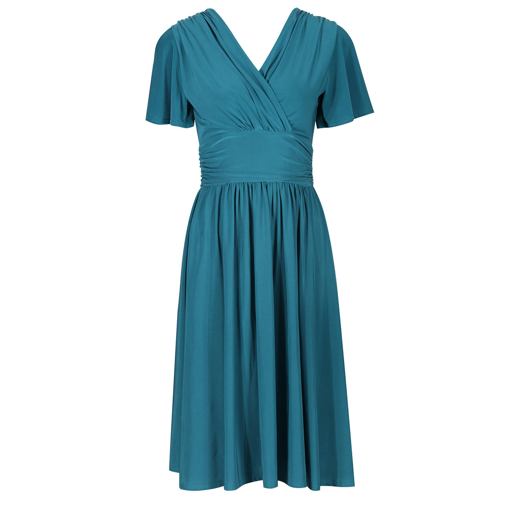 Teal Wrap Top & Pleated Skirt Swing Dress With Butterfly Sleeves