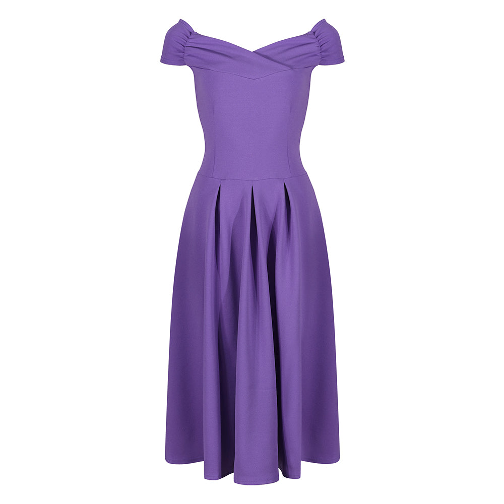 Lilac Purple Crossover Bust Cap Sleeve Bardot Style 50s Swing Dress Pretty Kitty Fashion Lilac Purple Crossover Bust Cap Sleeve Bardot Style 50s Swing Dress Pretty Kitty Fashion