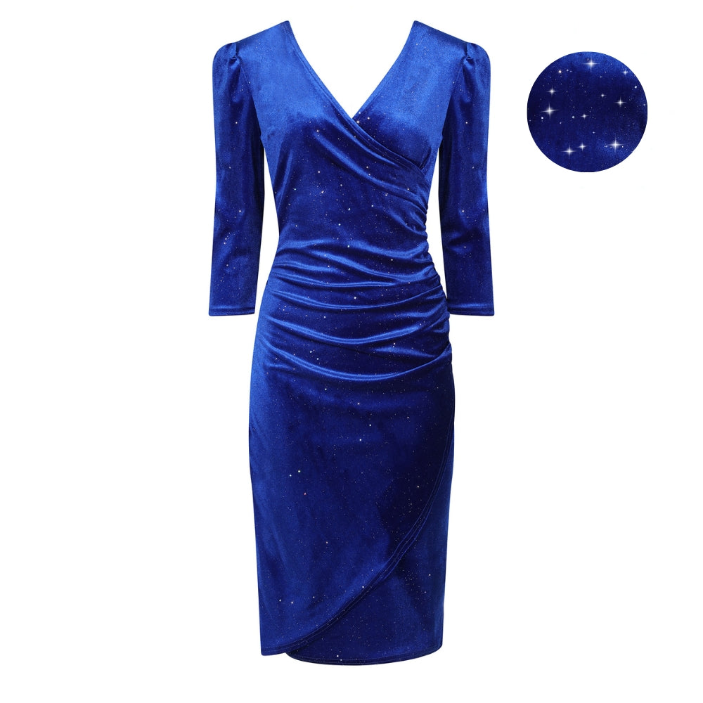 Royal Blue Velour Sparkle Wrapover 3/4 Sleeve Midi Dress