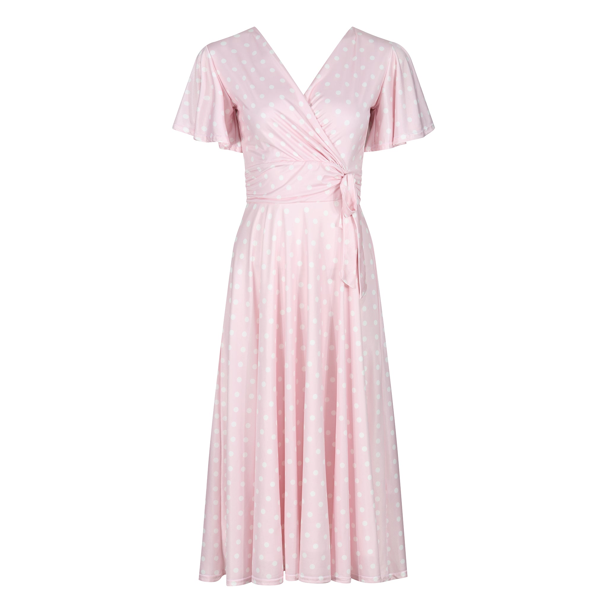Pale Pink White Polka Dot Waterfall Sleeve Swing Dress