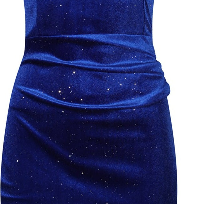 Royal Blue Velour Sparkle Cap Sleeve Crossover Top Bardot Wiggle Dress