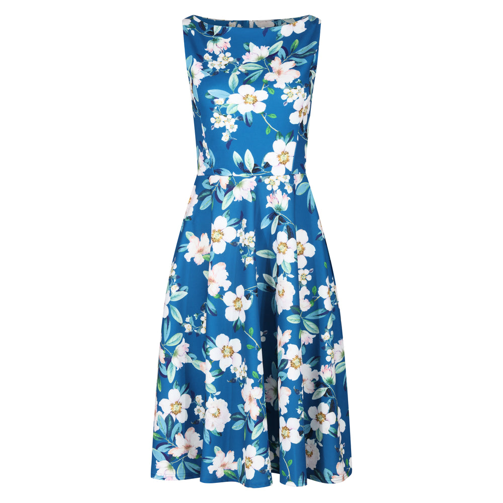 Teal Blue Floral Audrey Hepburn Style Sleeveless 50s Swing Dress With Boat Neckline