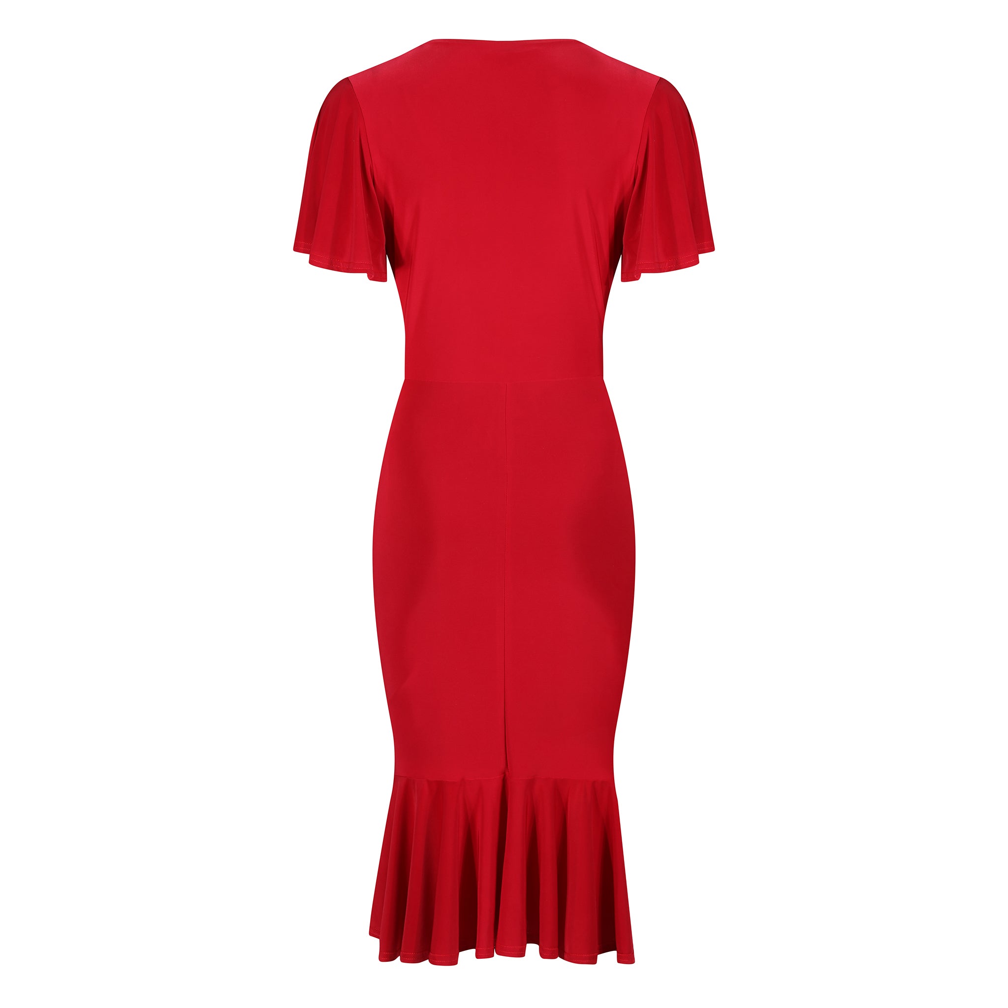 Red Waterfall Sleeve Tie Bust Peplum Hem Wiggle Dress