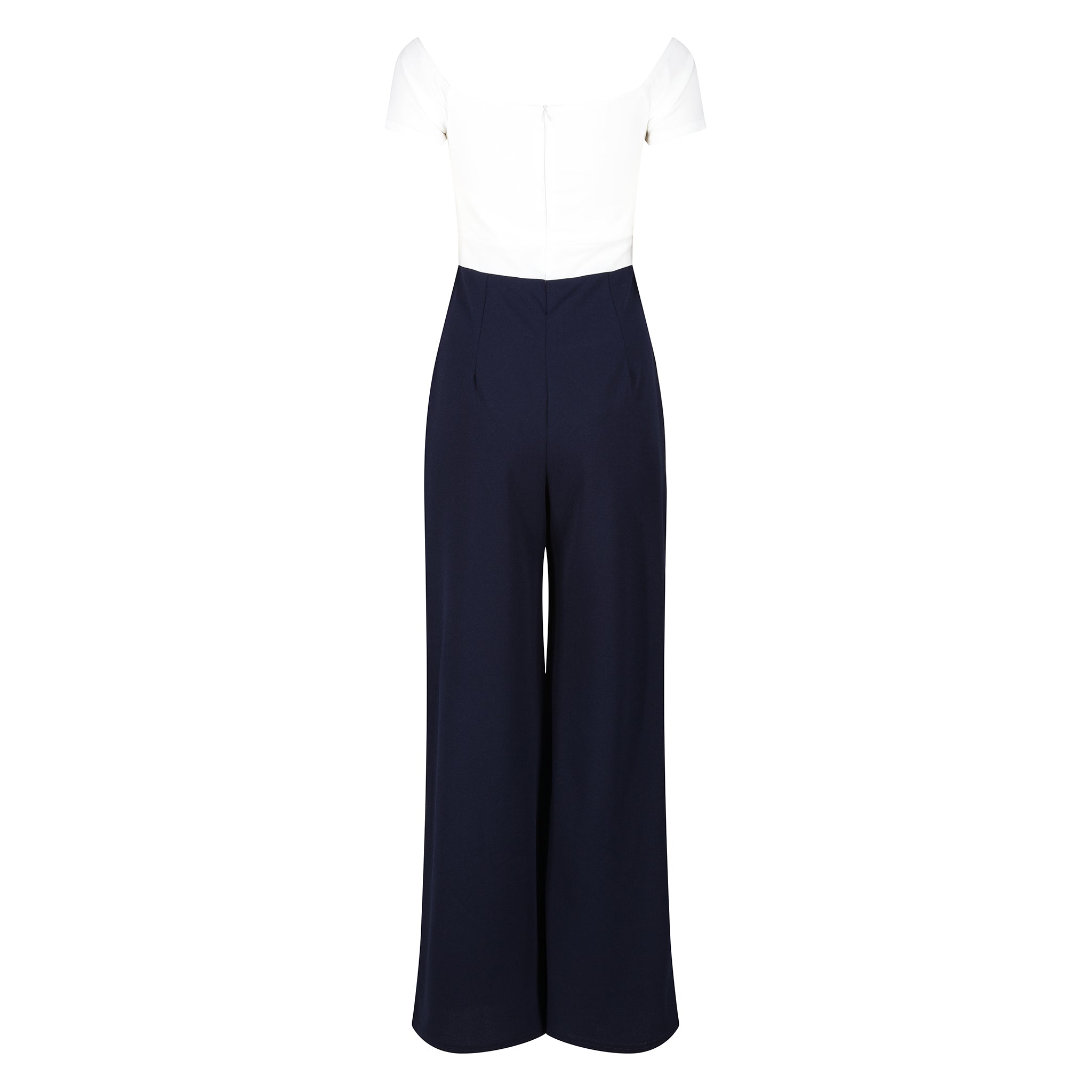 Ivory Bardot Top and Navy Cropped Trouser-suit