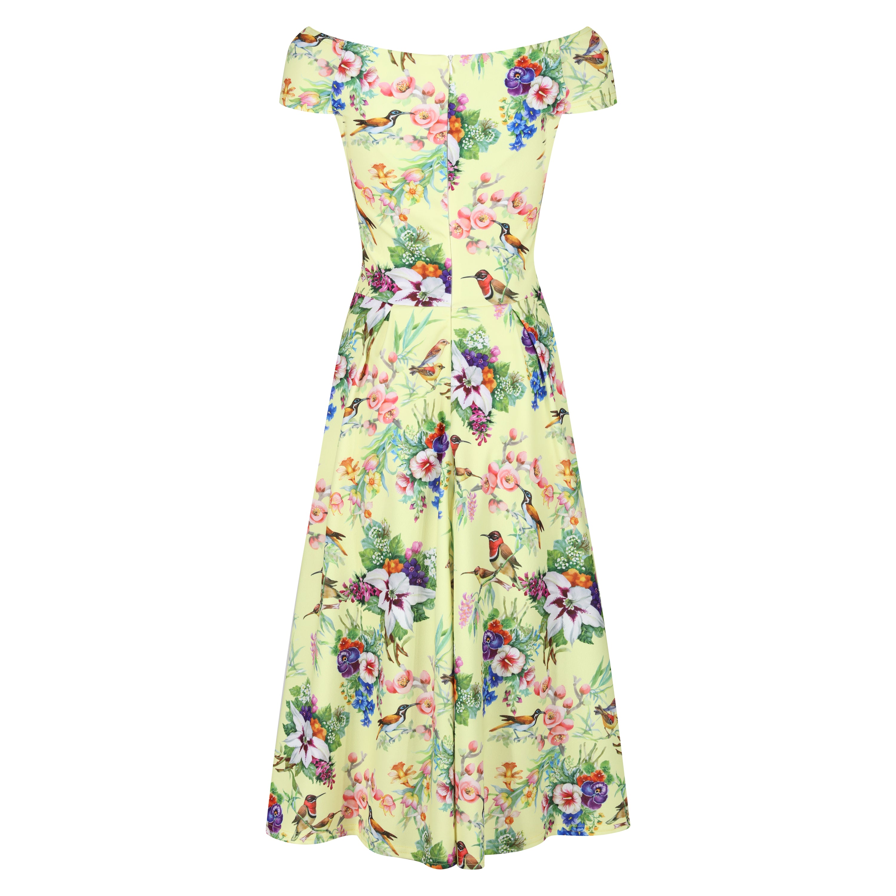 Yellow Floral and Bird Print Cap Sleeve Crossover Bardot Neckline 50s Swing Dress