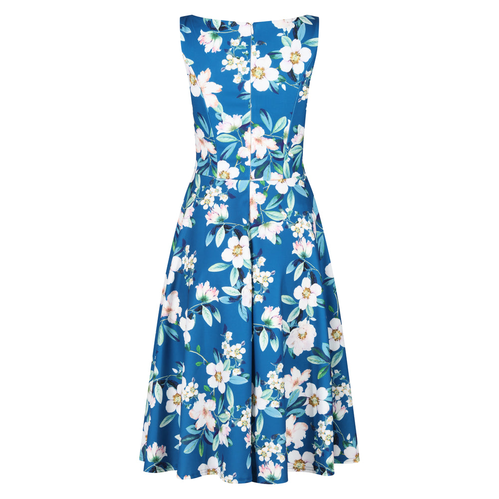 Teal Blue Floral Audrey Hepburn Style Sleeveless 50s Swing Dress With Boat Neckline