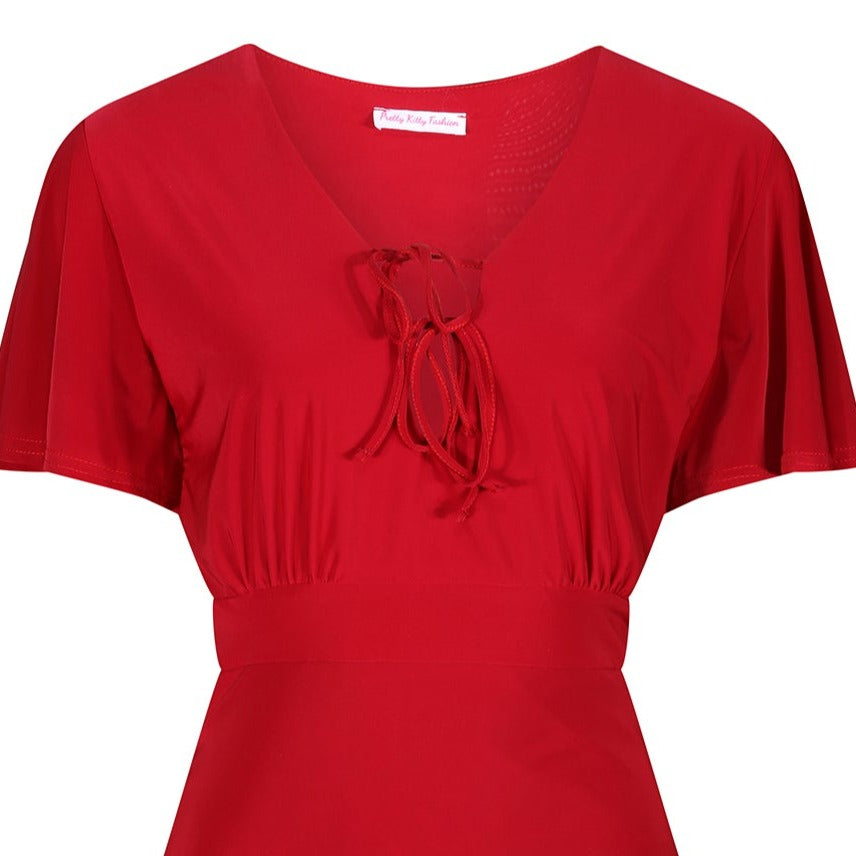 Red Waterfall Sleeve Tie Bust Peplum Hem Wiggle Dress