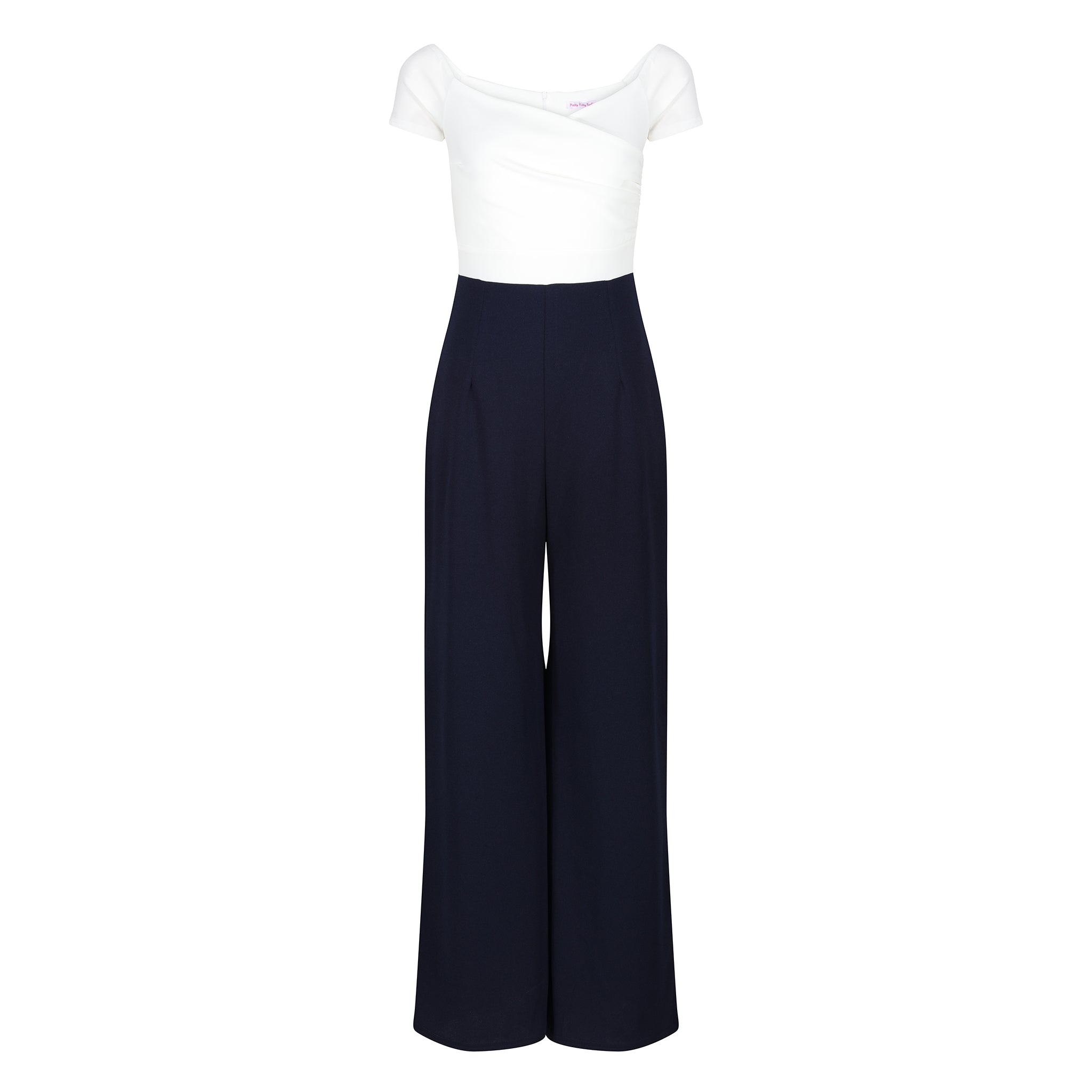 Ivory Bardot Top and Navy Cropped Trouser suit Pretty Kitty Fashion