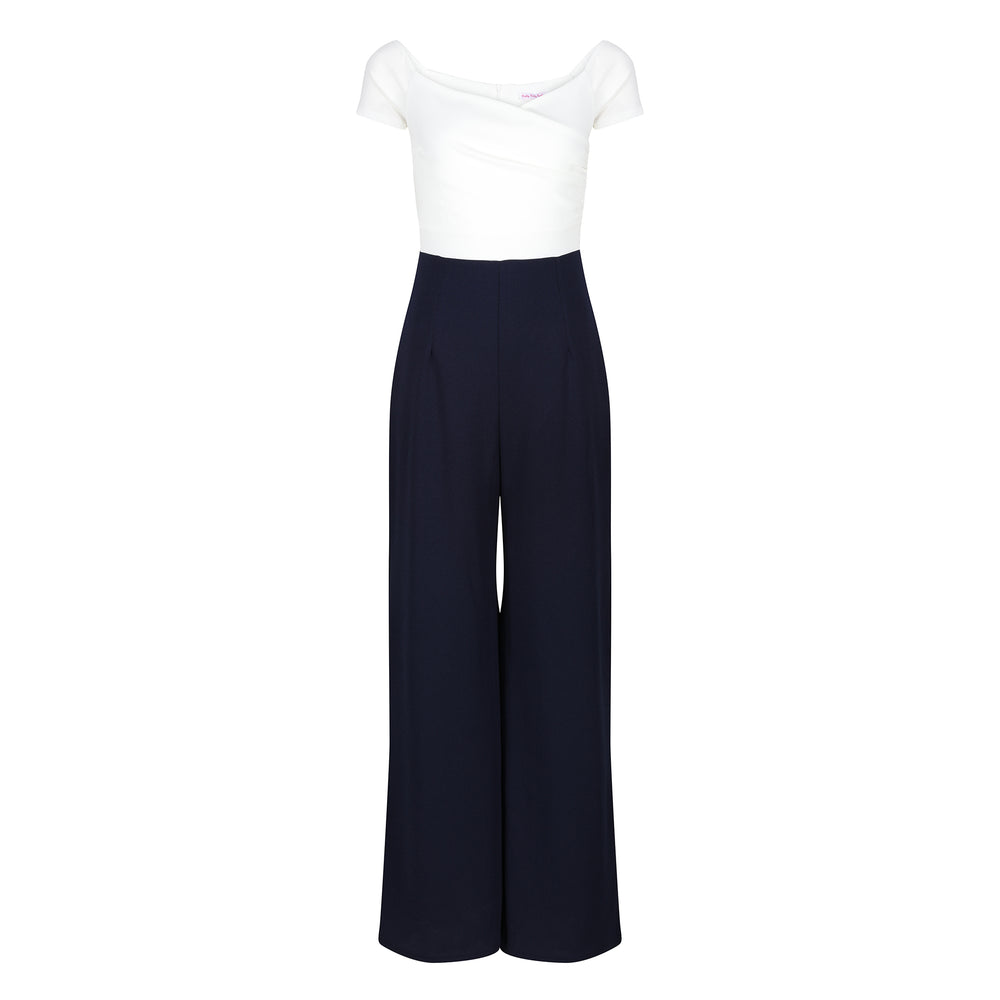 Ivory Bardot Top and Navy Cropped Trouser-suit
