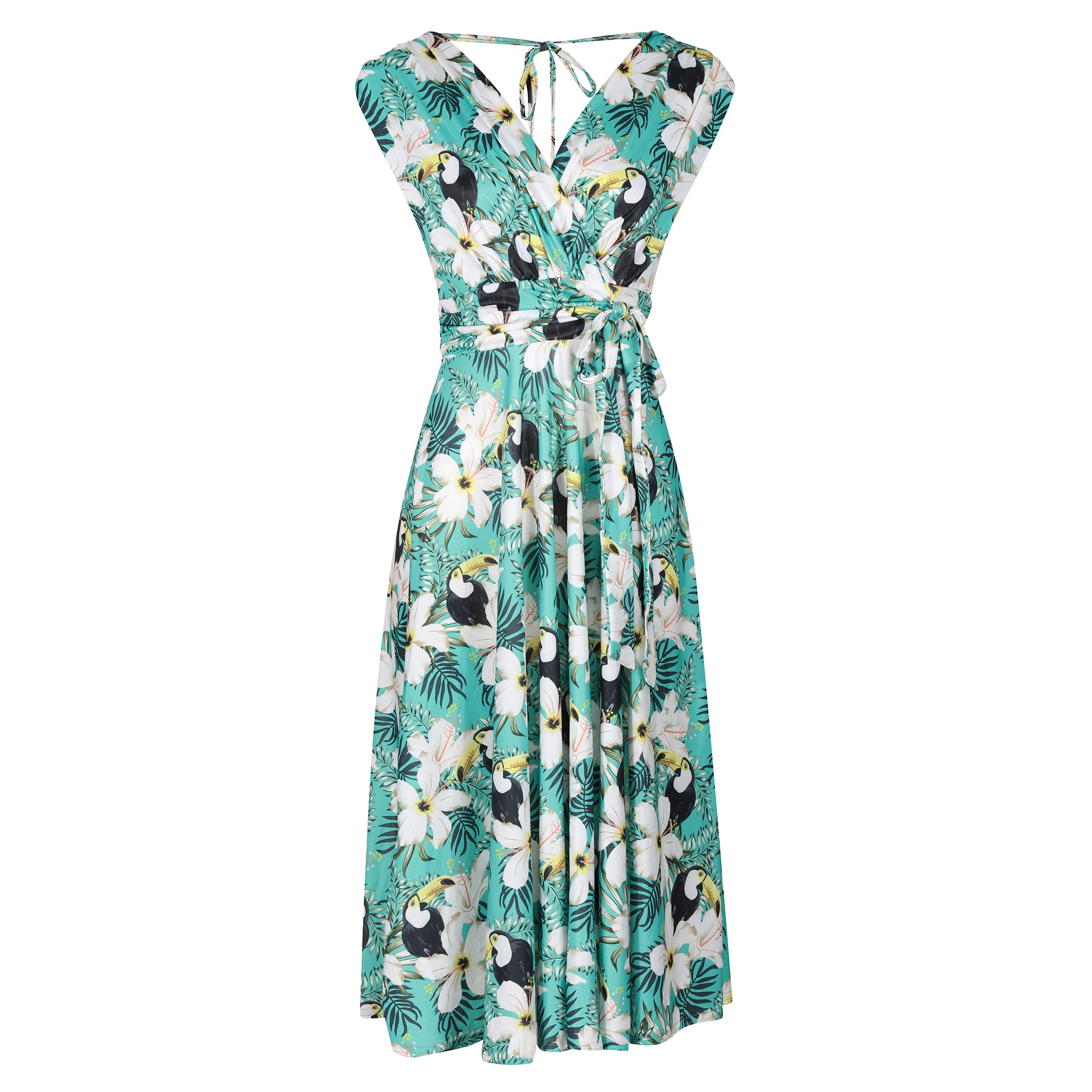 Green Floral & Toucan Print V Neck Crossover Top Empire Waist Swing Dress