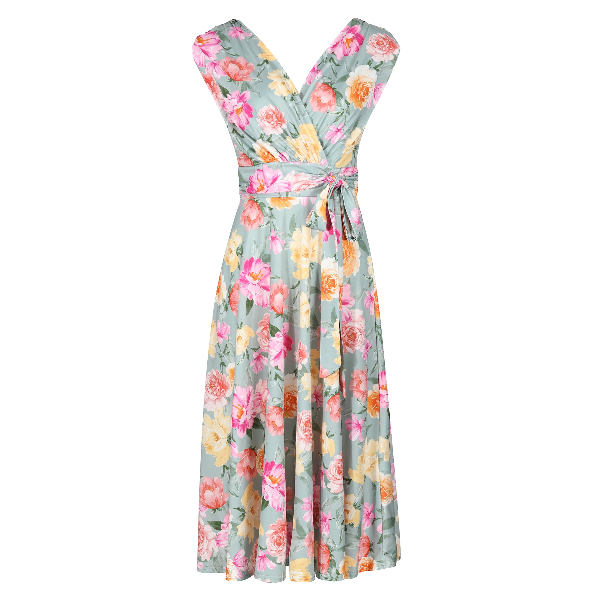 Sage Green Summer Floral Print V Neck Crossover Top Empire Waist Swing Dress