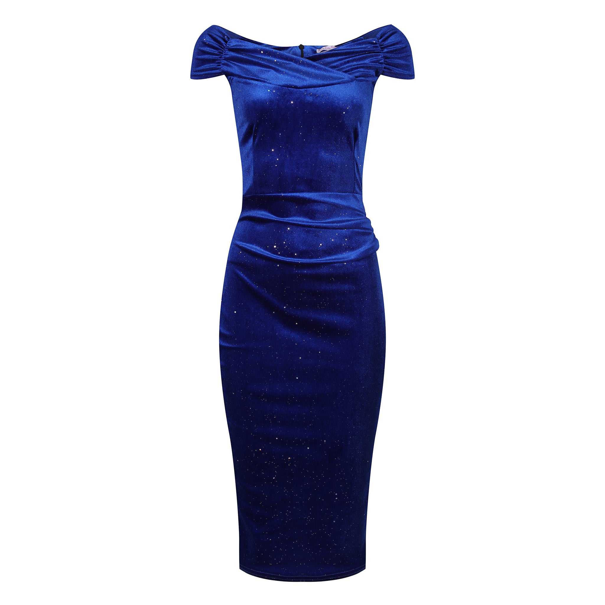 Royal Blue Velour Sparkle Cap Sleeve Crossover Top Bardot Wiggle Dress