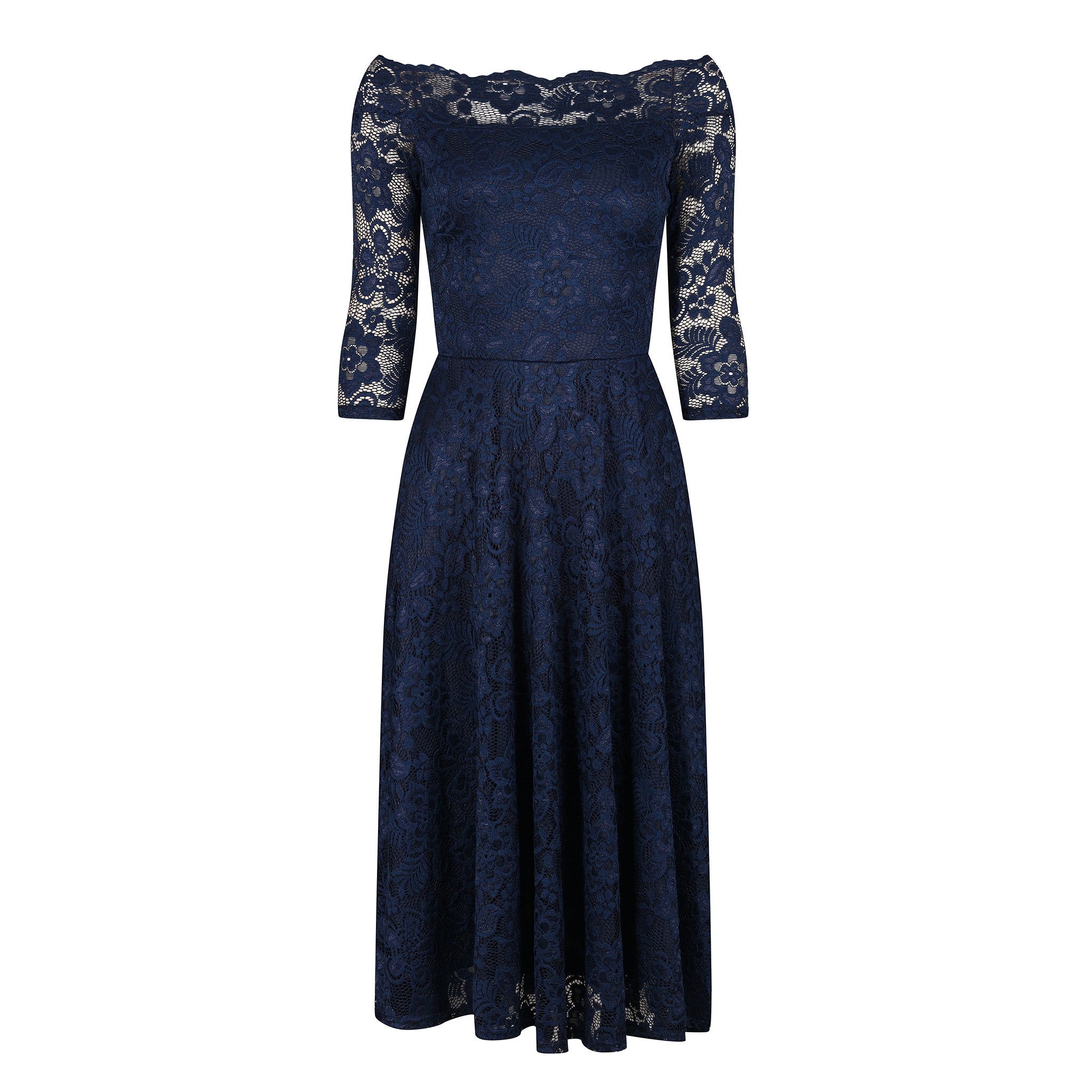 Midi Womens Blue Lace Dress Navy Blue Lace Vintage Style Swing Dress With 3/4 Sleeves Boat Neck Pretty Kitty Fashion Midi Womens Blue Lace Dress Navy Blue Lace Vintage Style Swing Dress With 3/4 Sleeves Boat Neck Pretty Kitty Fashion