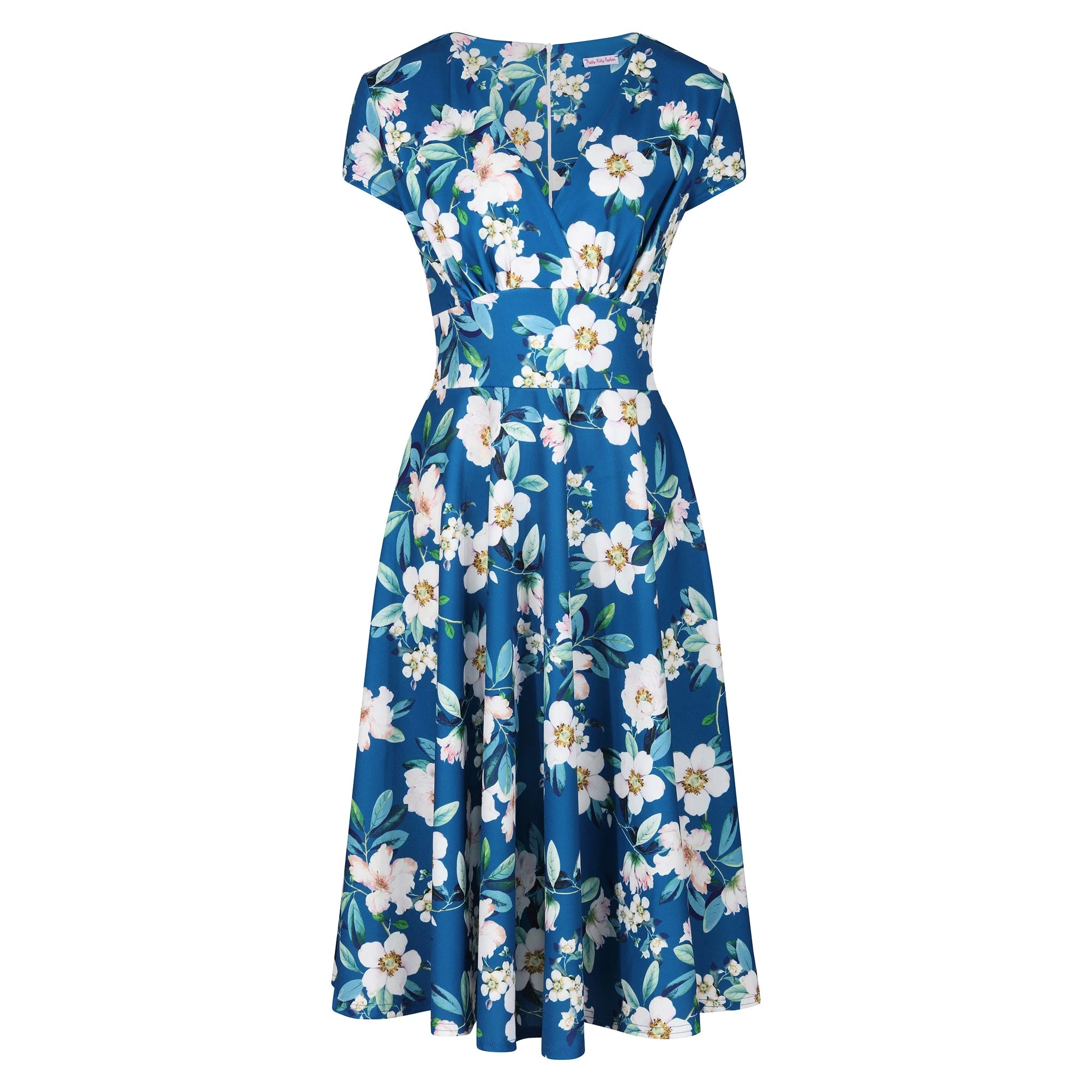 Teal Blue Floral Wrap Top A Line Swing Tea Dress With Cap Sleeves
