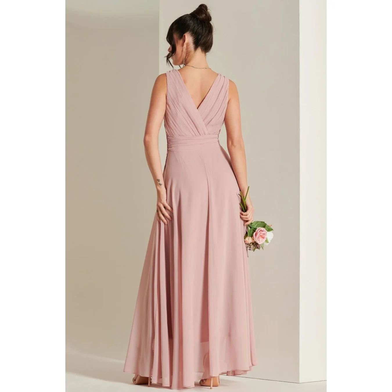 Jolie Moi Mauve Pink V-Neck Pleated Bodice Maxi Dress