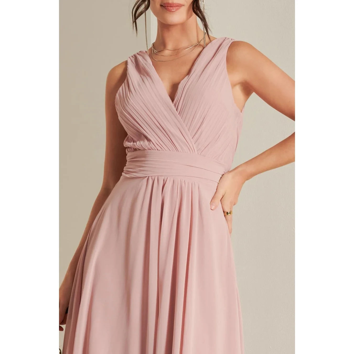 Jolie Moi Mauve Pink V-Neck Pleated Bodice Maxi Dress