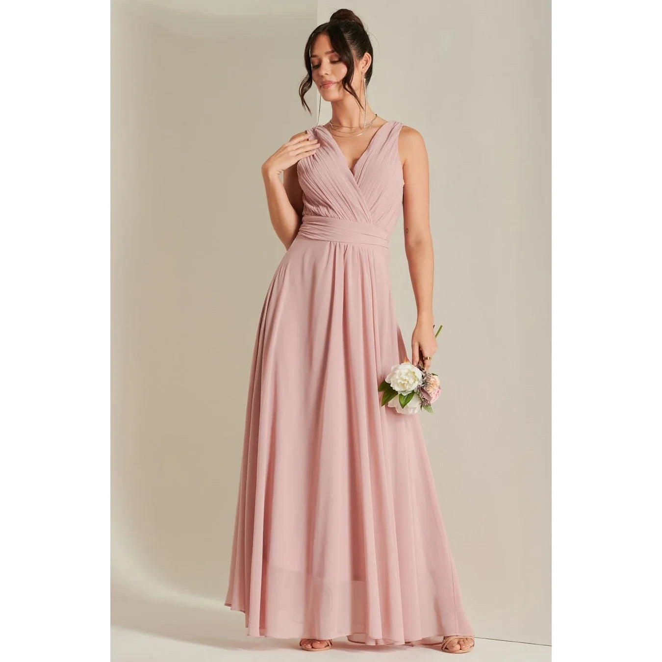 Jolie Moi Mauve Pink V-Neck Pleated Bodice Maxi Dress