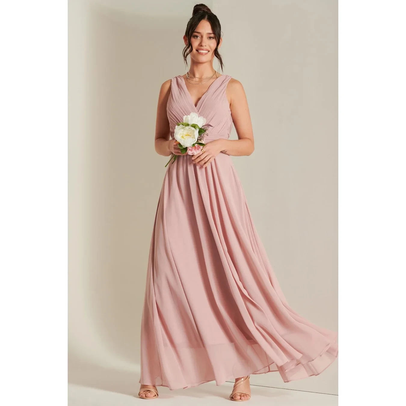 Jolie Moi Blush Pink V-Neck Pleated Bodice Maxi Dress