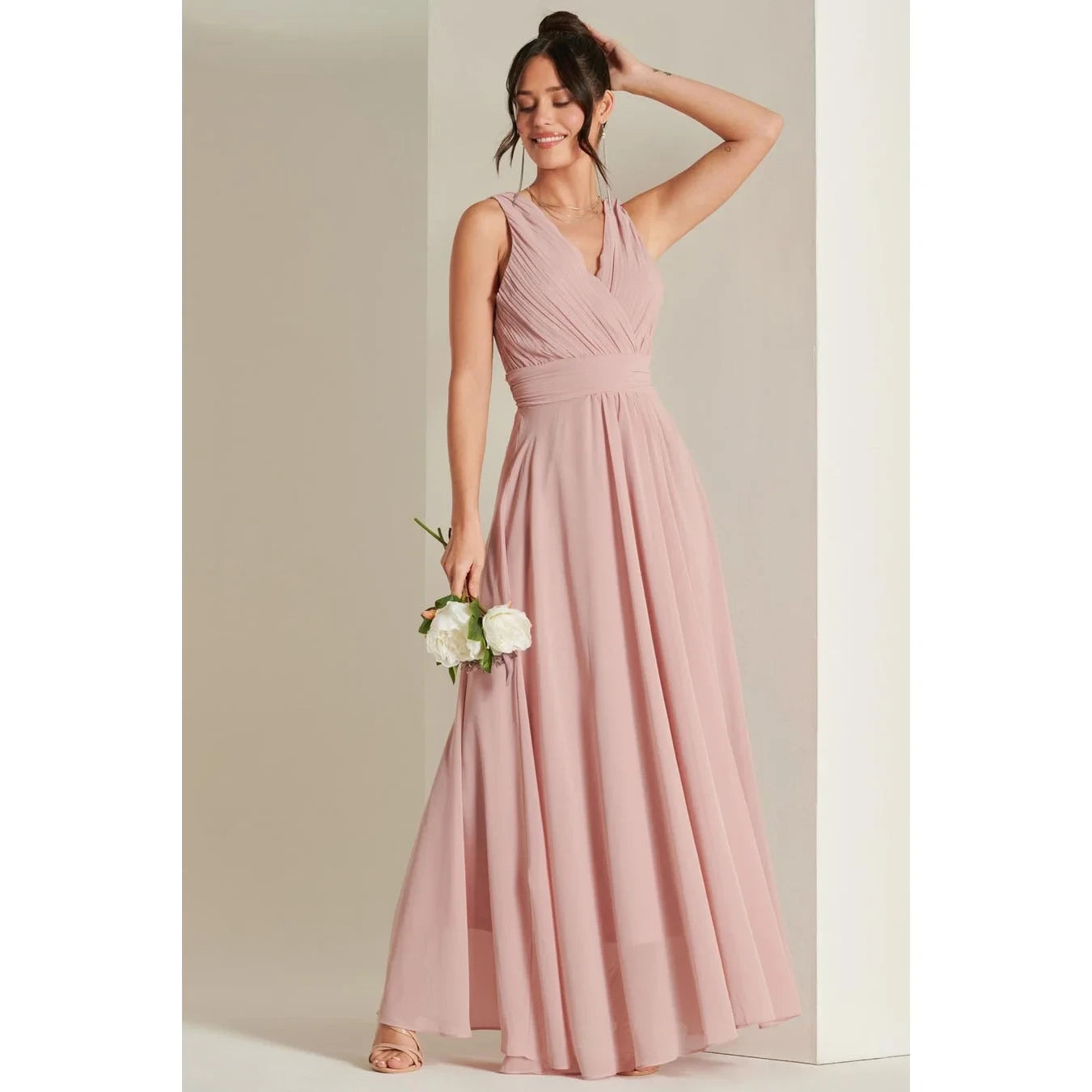 Jolie Moi Blush Pink V-Neck Pleated Bodice Maxi Dress