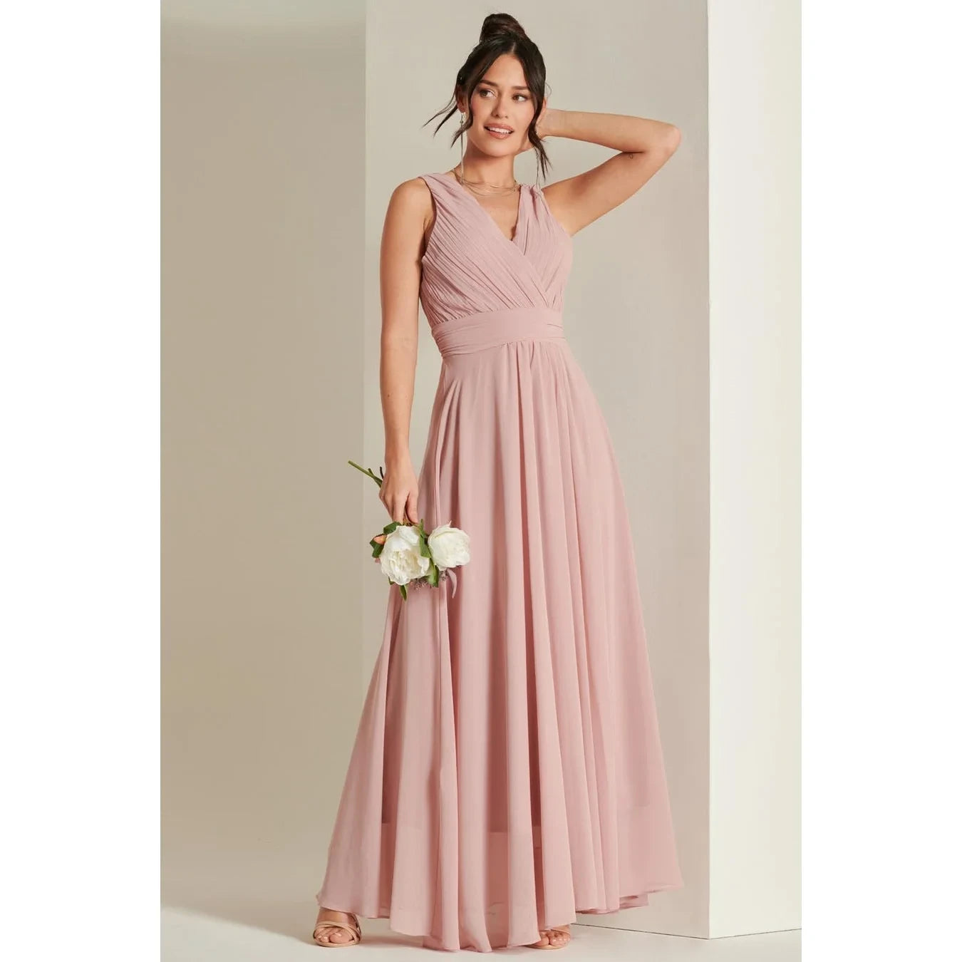 Jolie Moi Mauve Pink V-Neck Pleated Bodice Maxi Dress