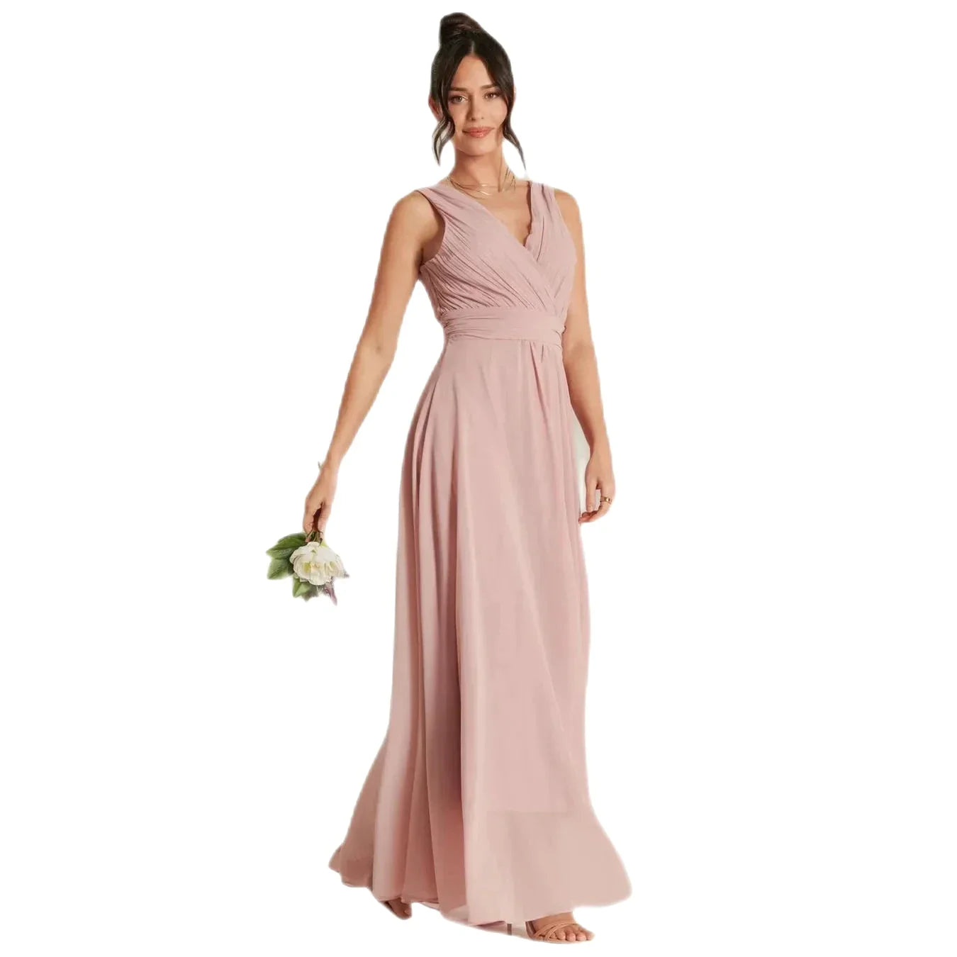 Jolie Moi Mauve Pink V-Neck Pleated Bodice Maxi Dress