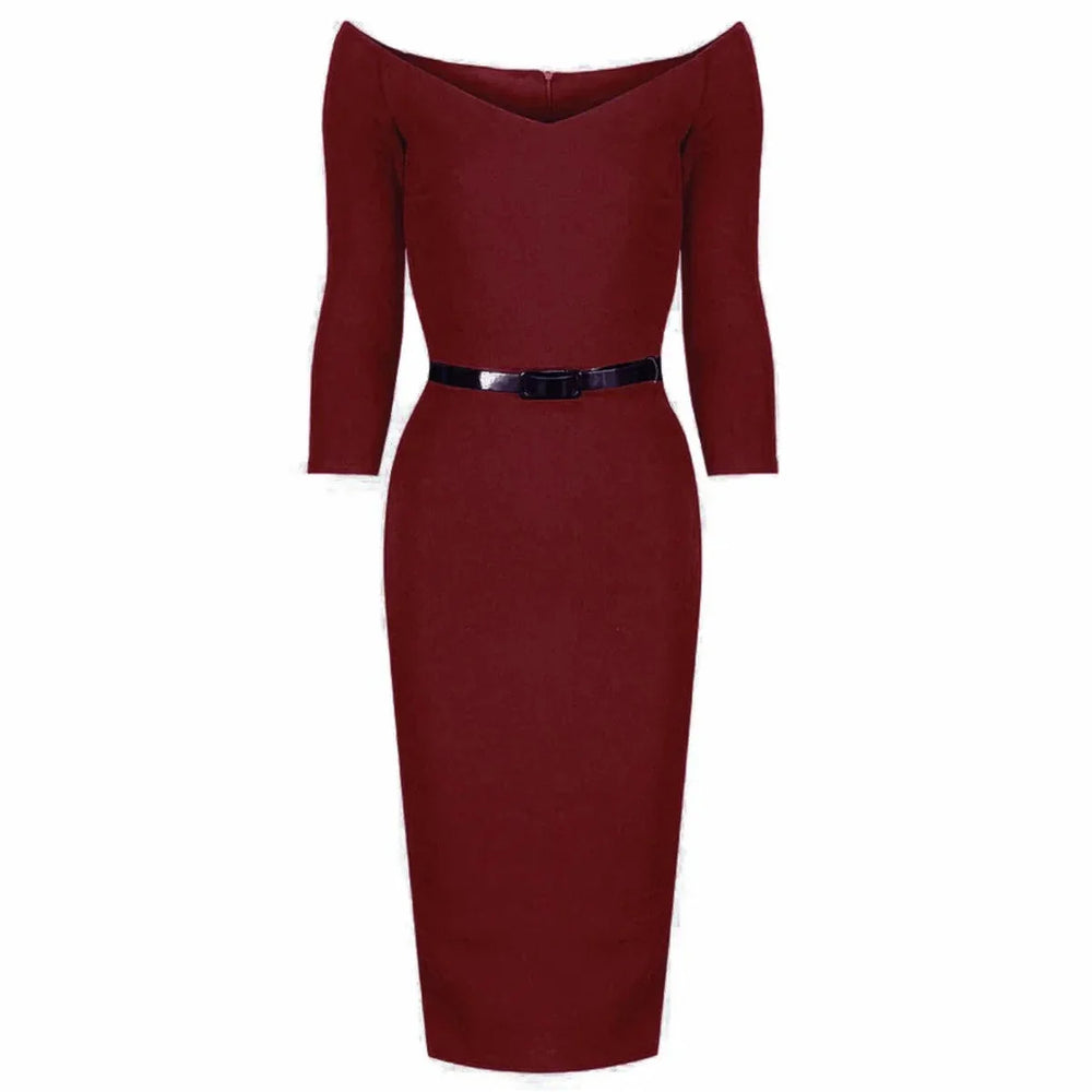 Wine Red Wide V Neck 3/4 Sleeve Vintage Style Belted Pencil Dress