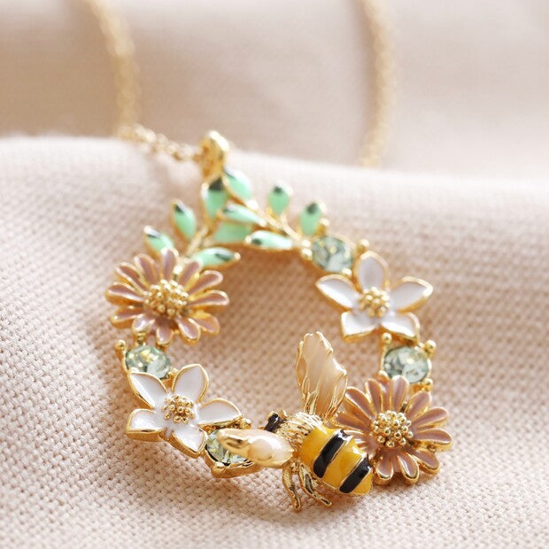 Gold and Enamel Flower and Bee Pendant