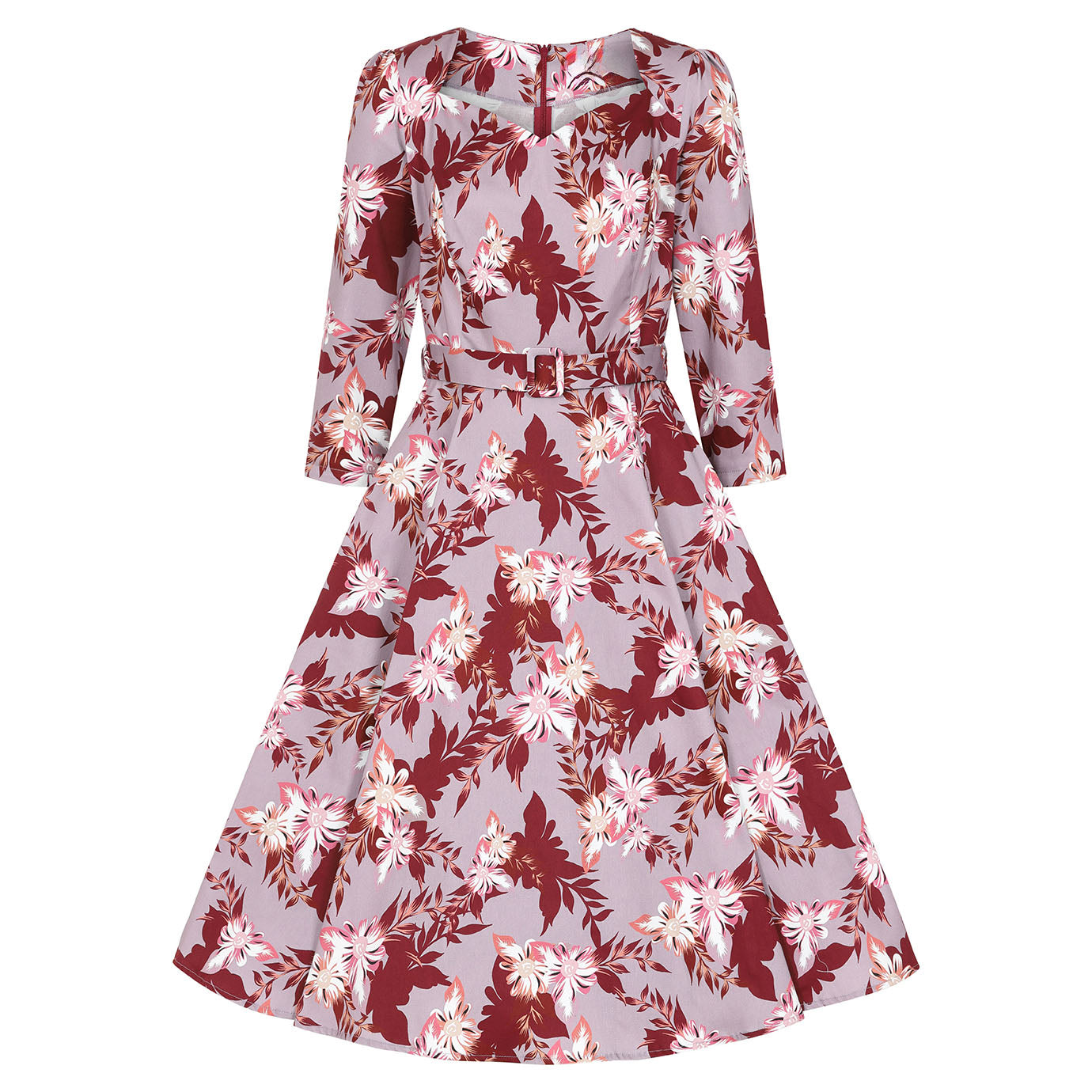 Mauve Floral Print 3/4 Sleeve 50 Swing Tea Dress w/ Sweetheart Necklin Pretty Kitty Fashion Mauve Floral Print 3/4 Sleeve 50 Swing Tea Dress w/ Sweetheart Necklin Pretty Kitty Fashion