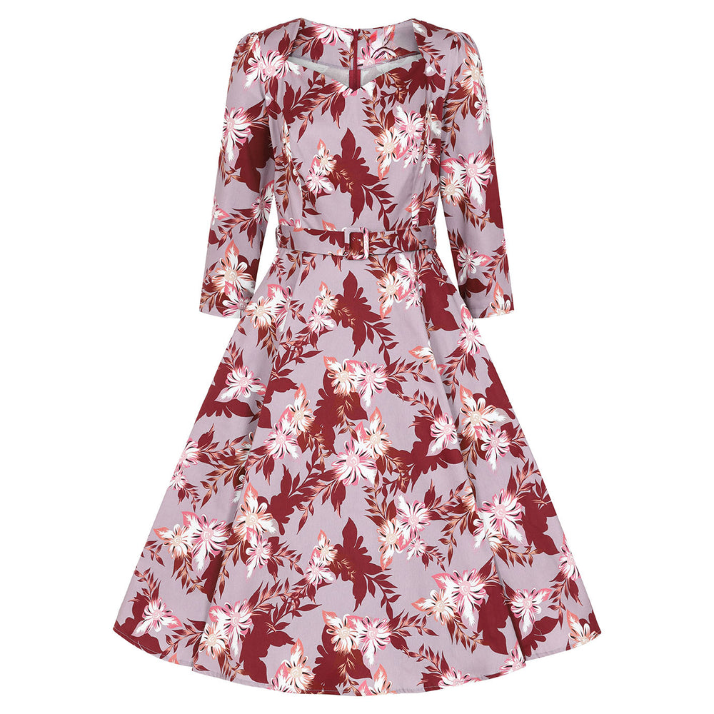 Mauve Floral Print 3/4 Sleeve 50 Swing Tea Dress w/ Sweetheart Neckline & Pockets