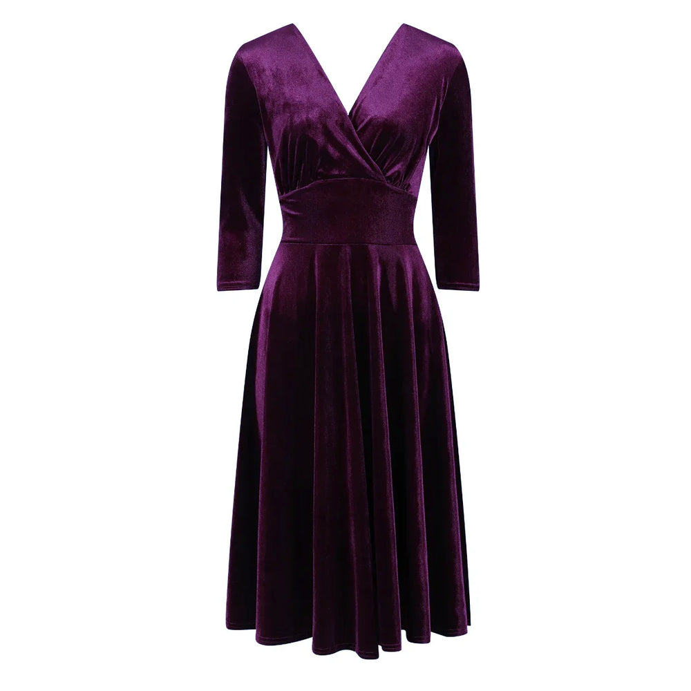 Purple Velour Deep V Wrap 3/4 Sleeve Swing Dress