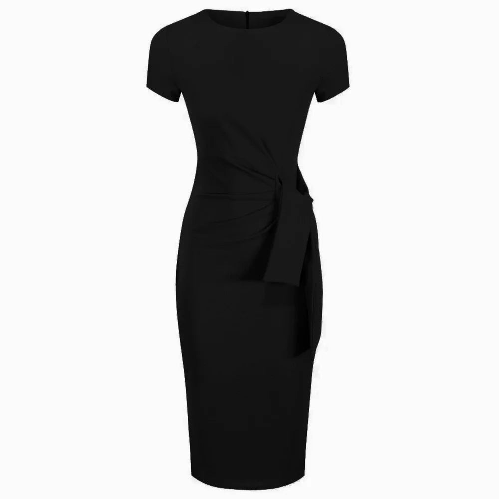 Black Short Sleeve Ruched Tie Bodycon Pencil Dress