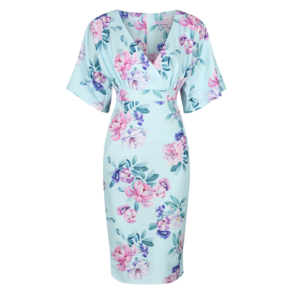 Mint Blue Floral Print Half Batwing Sleeve Crossover Top Pencil Dress –  Pretty Kitty Fashion