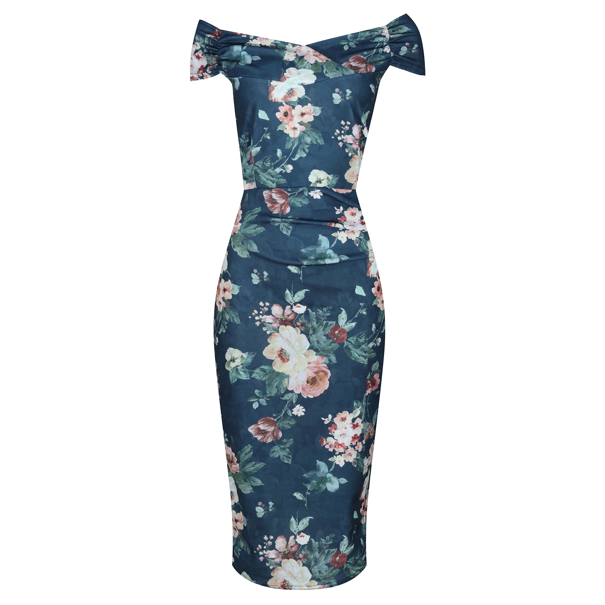 Dark Blue Floral Print Bardot Style On or Off Shoulder Pencil Wiggle D Pretty Kitty Fashion