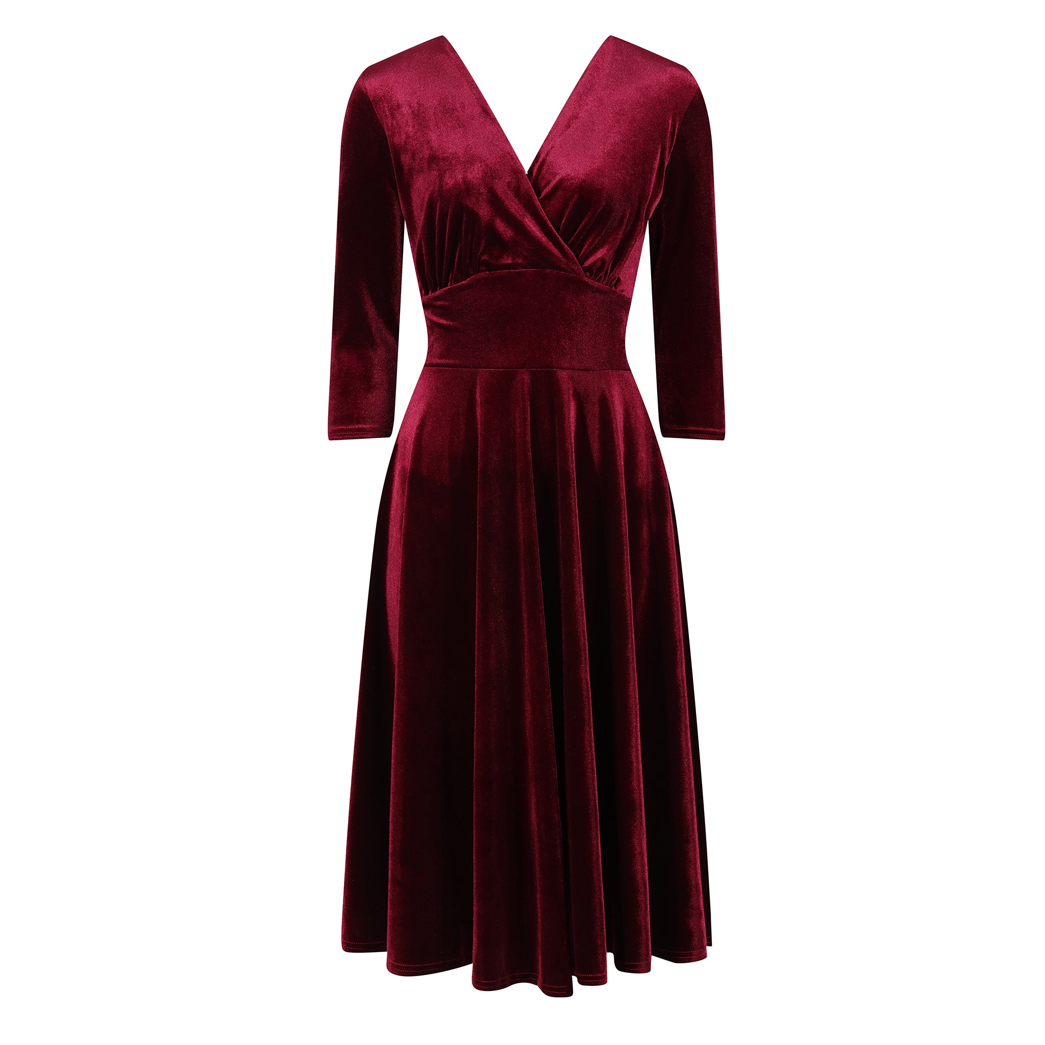 Claret Red Velour Deep V Wrapover 3/4 Sleeve Swing Dress