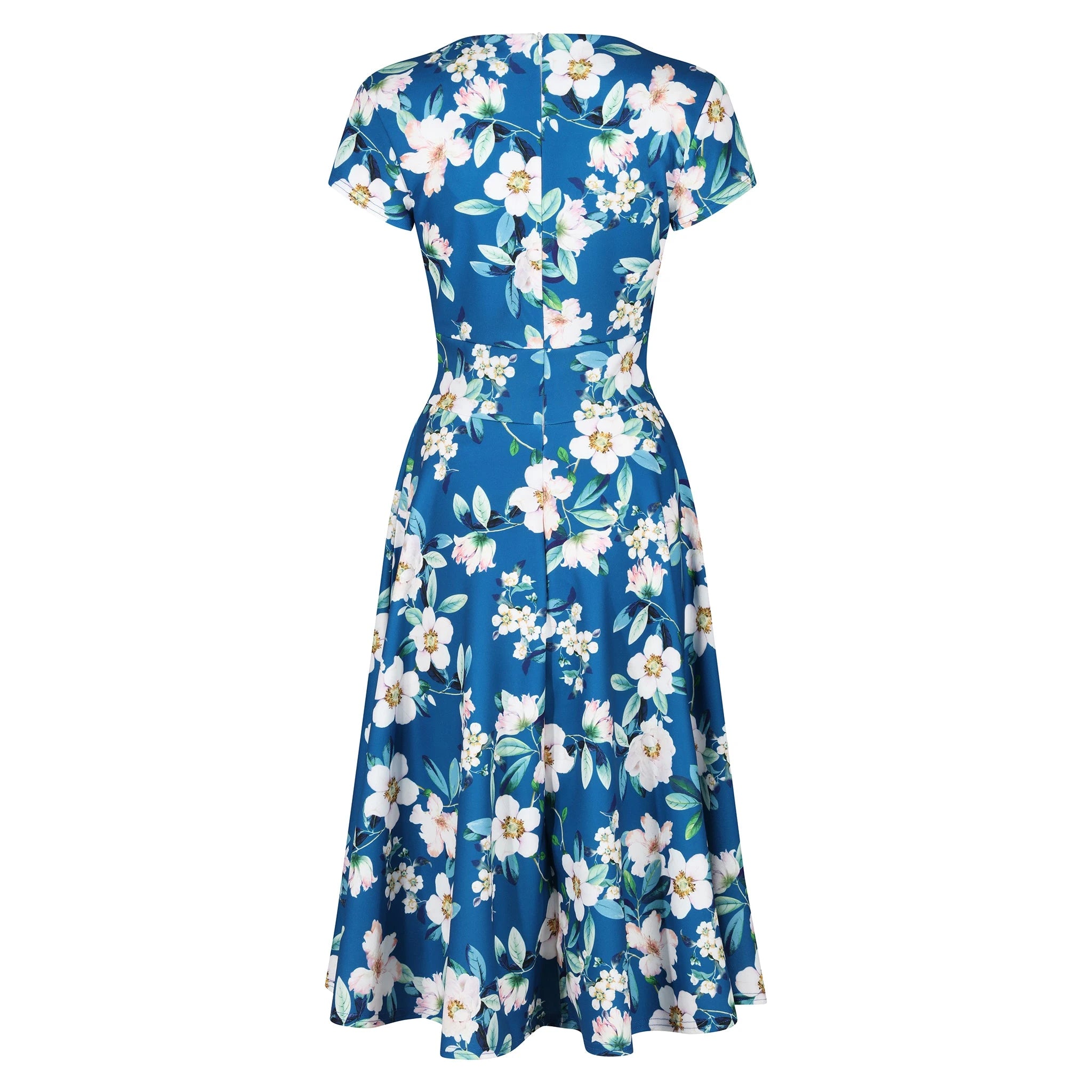Teal Blue Floral Wrap Top A Line Swing Tea Dress With Cap Sleeves
