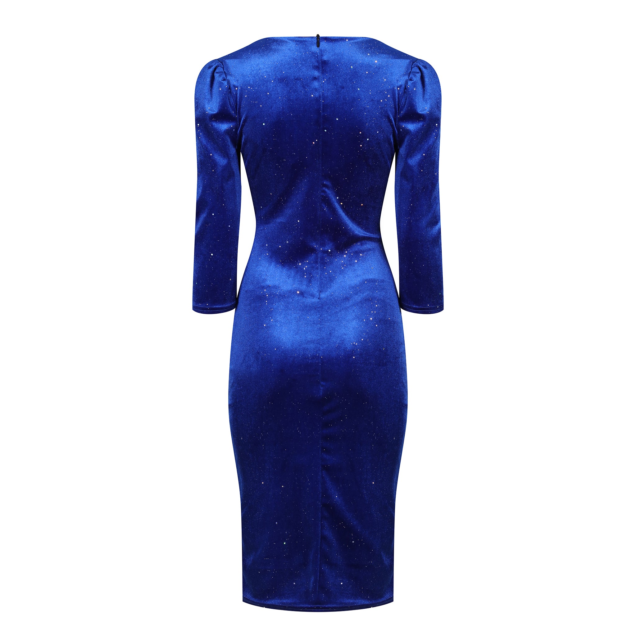 Royal Blue Velour Sparkle Wrapover 3/4 Sleeve Midi Dress