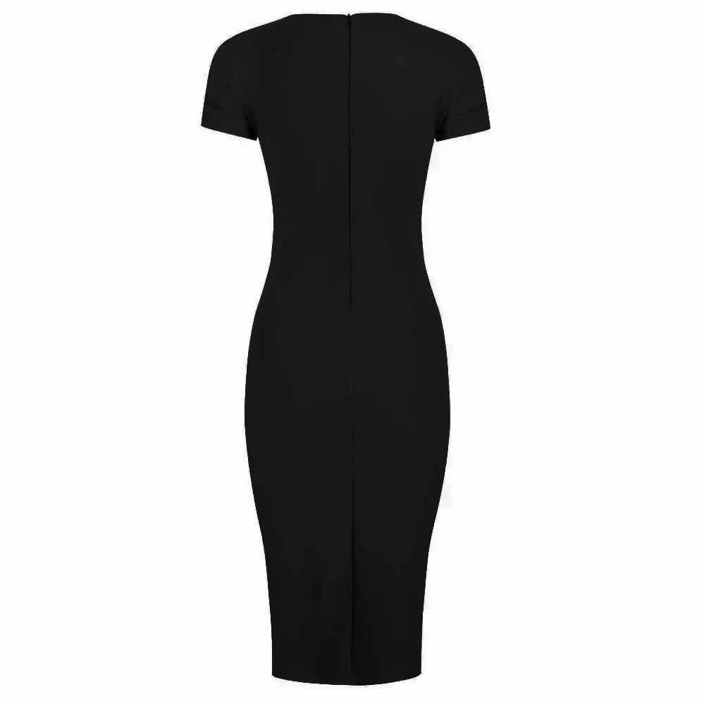 Black Short Sleeve Ruched Tie Bodycon Pencil Dress
