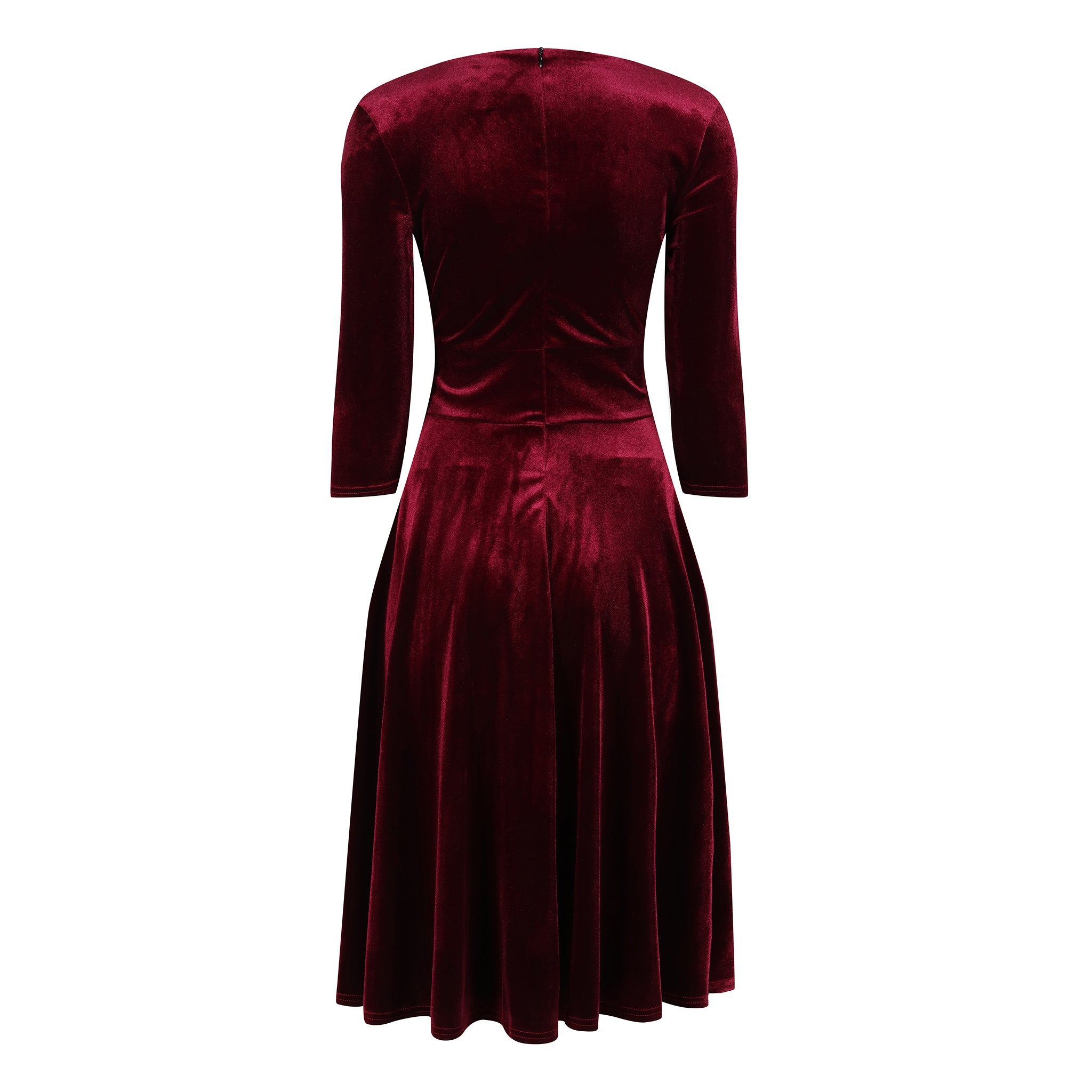 Claret Red Velour Deep V Wrapover 3/4 Sleeve Swing Dress