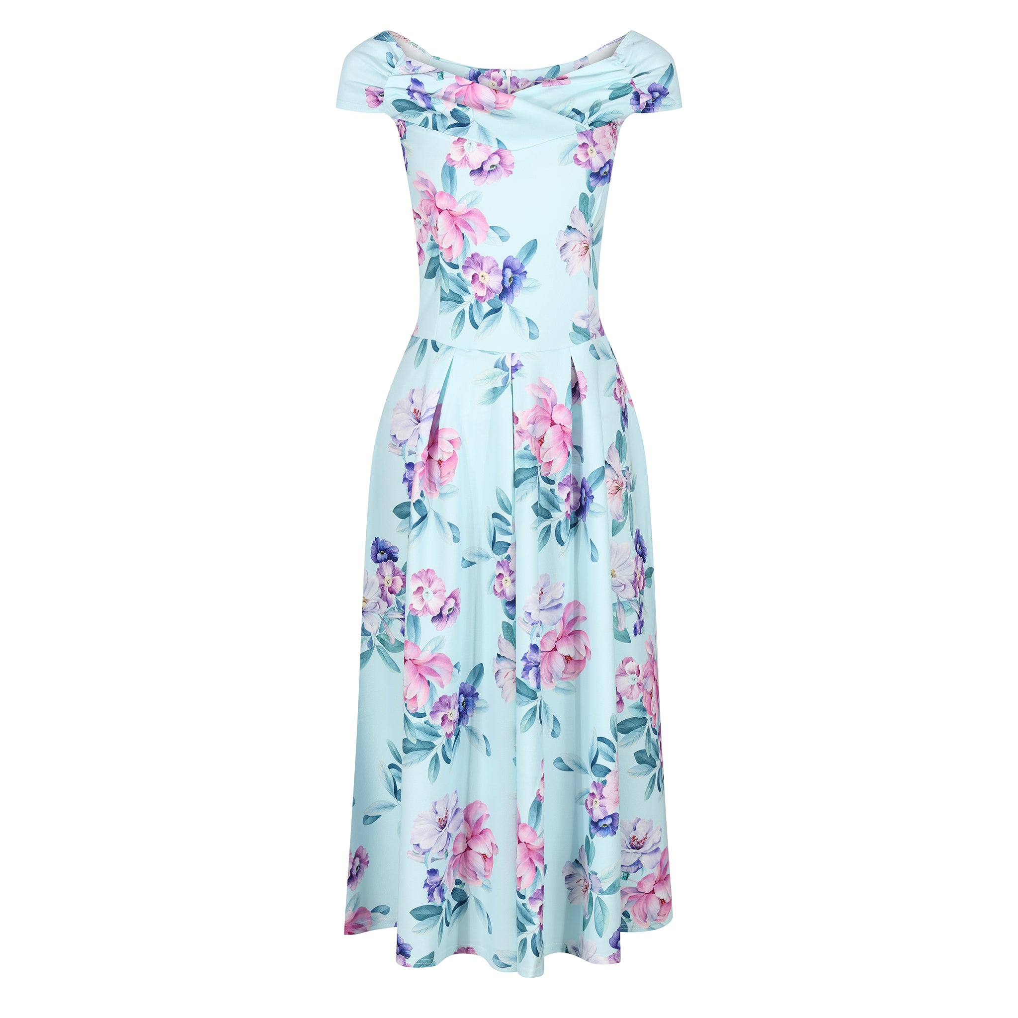 Mint Blue Floral Print Crossover Bust Bardot Style 50s Swing Dress