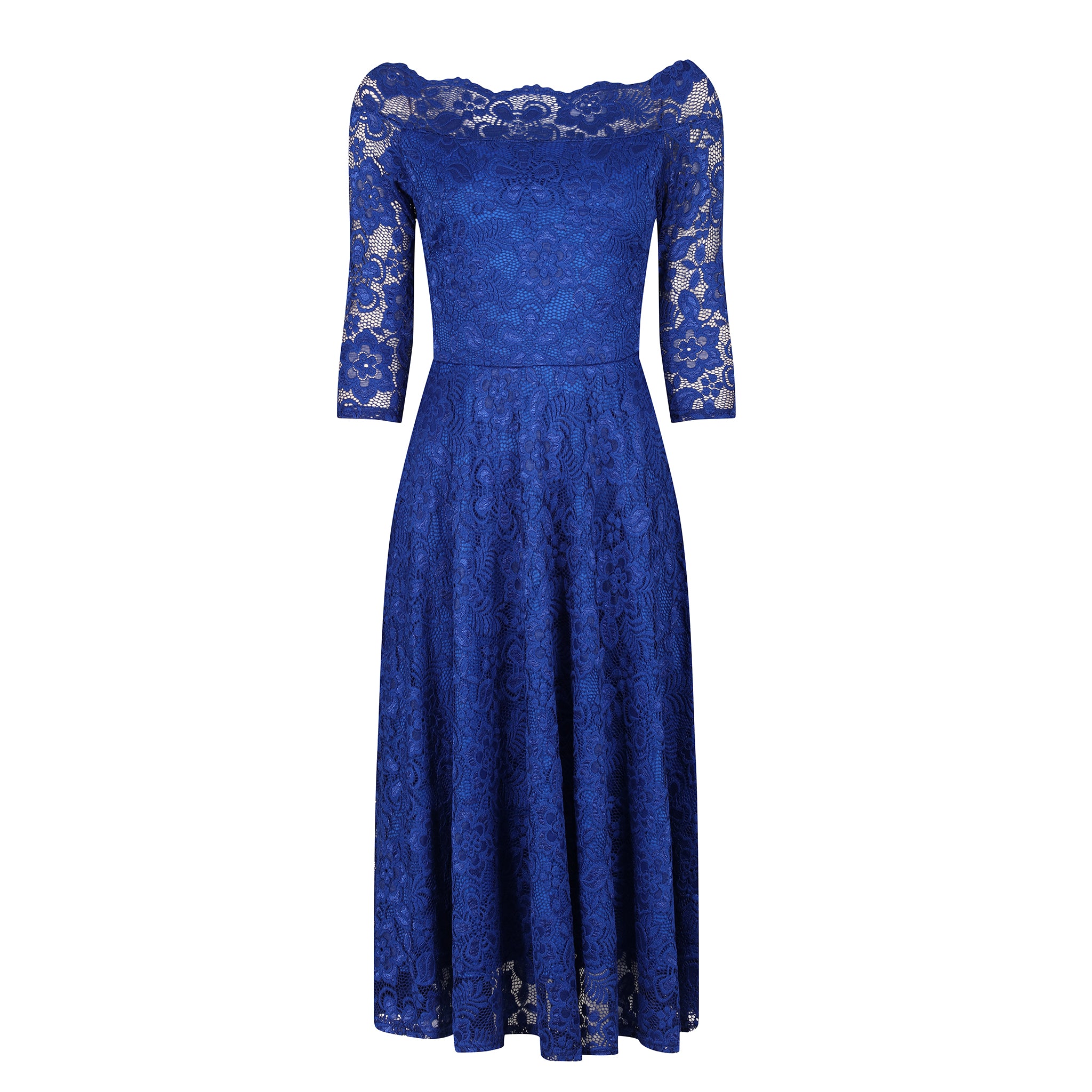 Royal Blue Lace Vintage Style Swing Dress With 3/4 Sleeves Boat