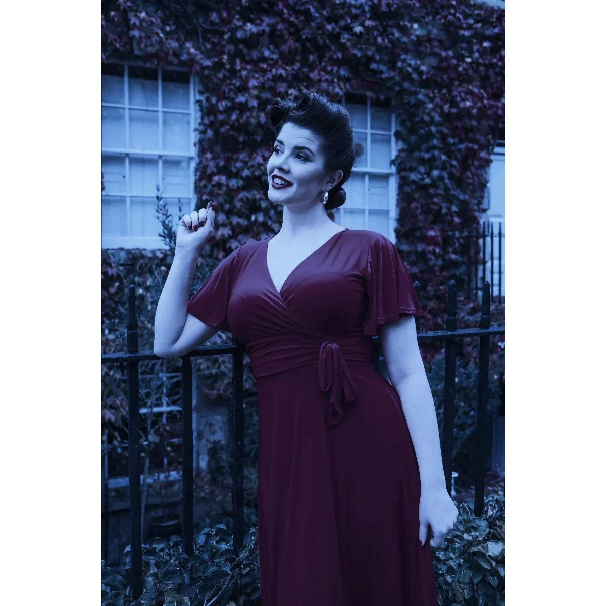 Aubergine Purple Cap Sleeve Wrap Over V Neck Vintage Wrap Top Swing Dress