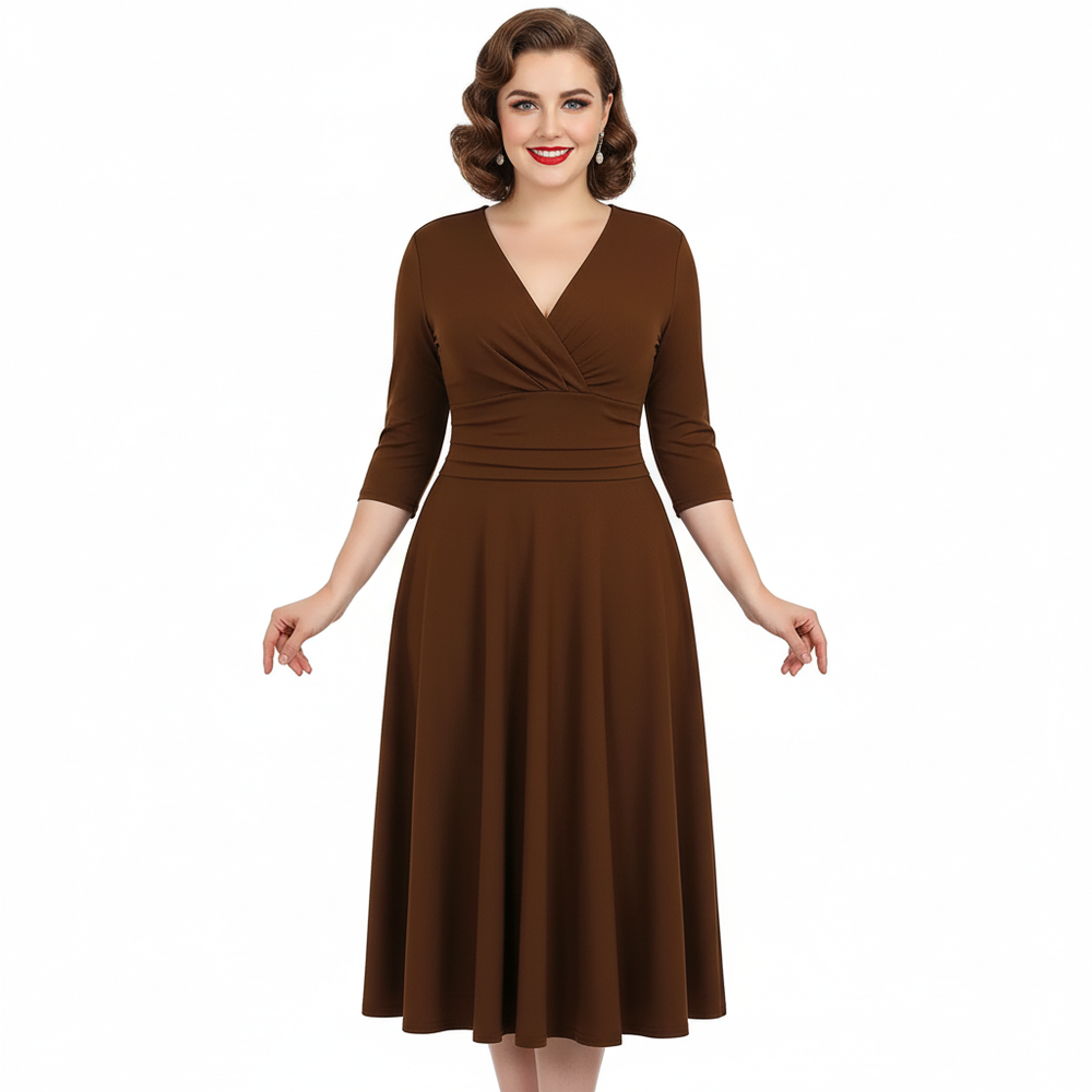 Chocolate Brown Deep V Neck A Line Vintage Ruched Waist 3/4 Sleeve Swing Midi Dress