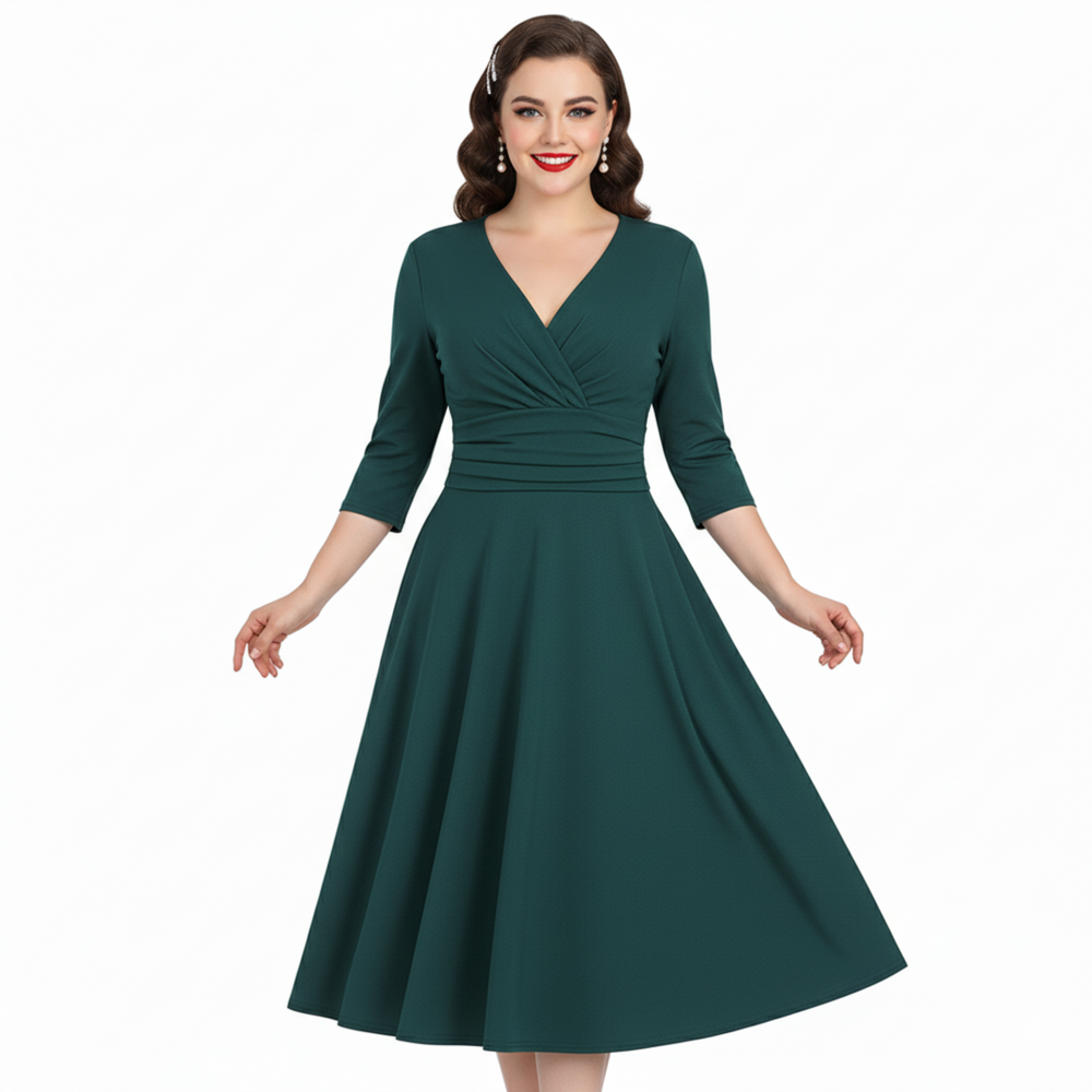 Forest Green Deep V Neck A Line Vintage Ruched Waist 3/4 Sleeve Swing Midi Dress