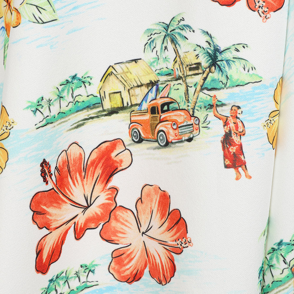 White Hawaiian Print Shoulder Strap 50s Summer Dress With Tie Belt