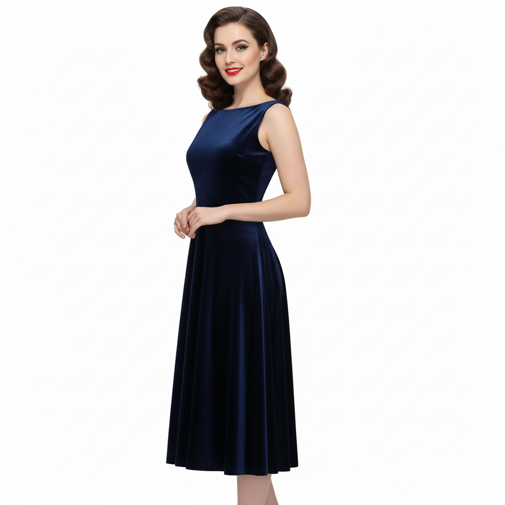 Navy Blue Velour Audrey Style 50s Swing Dress