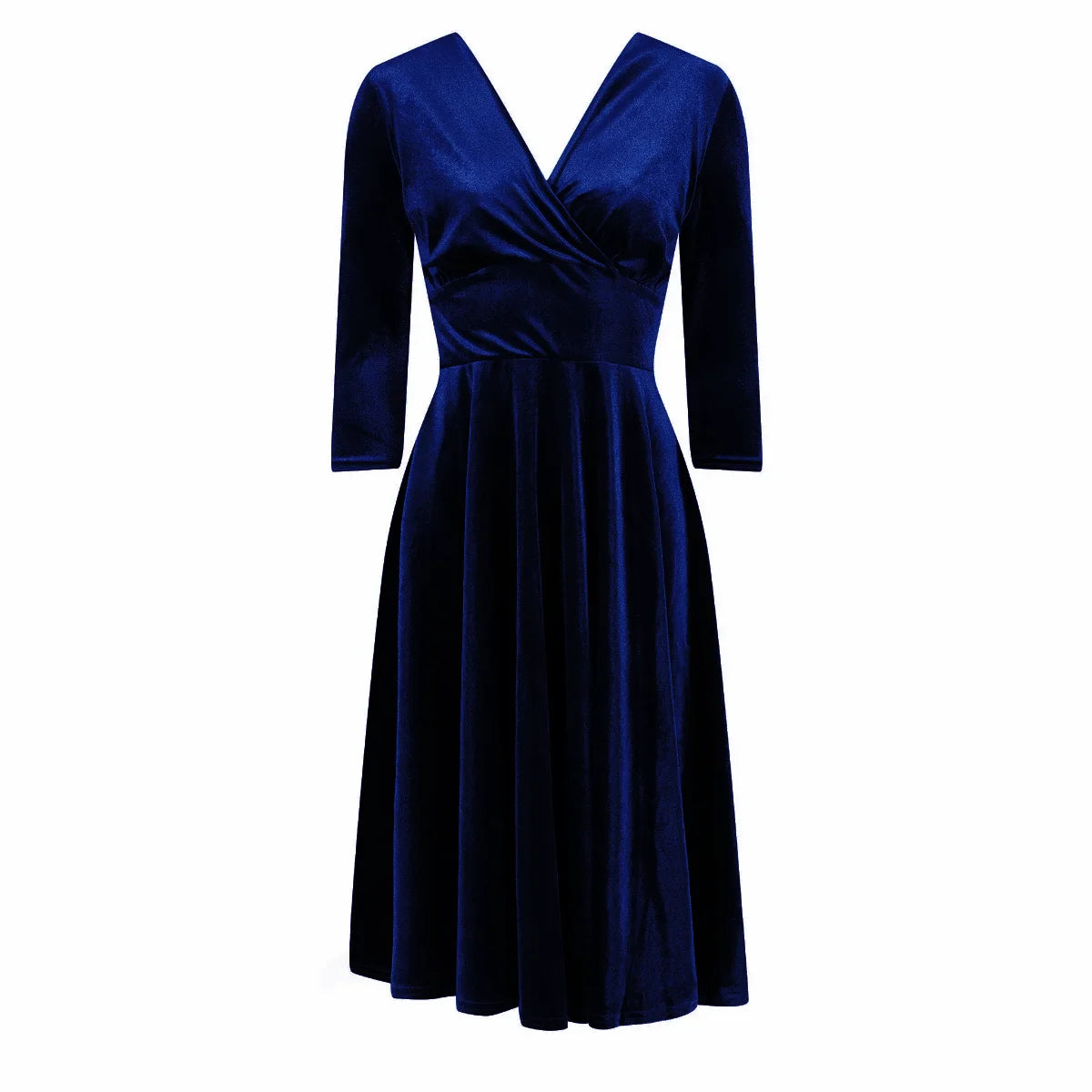 Navy Blue Velour Vintage A Line Crossover 3/4 Sleeve Tea Swing Dress