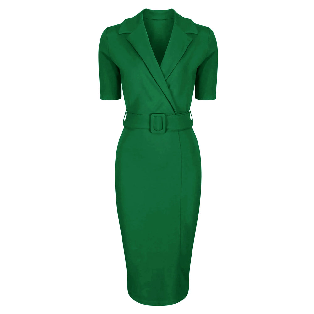 Green Belted Half Sleeve Collared Wiggle Office Dress