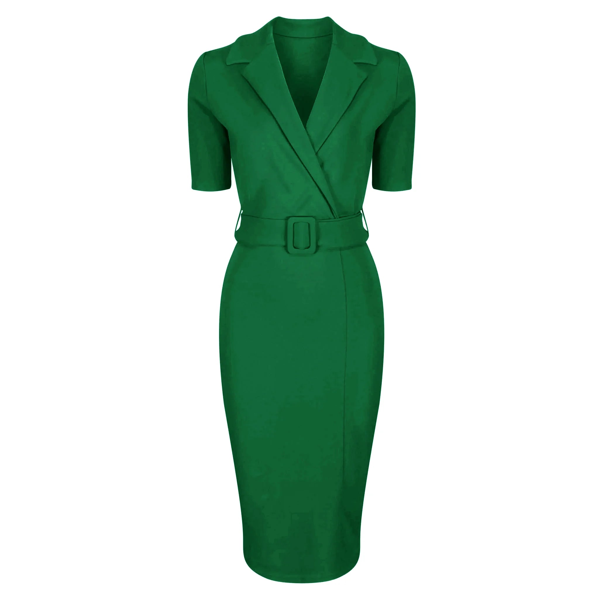 Green Belted Half Sleeve Collared Wiggle Office Dress