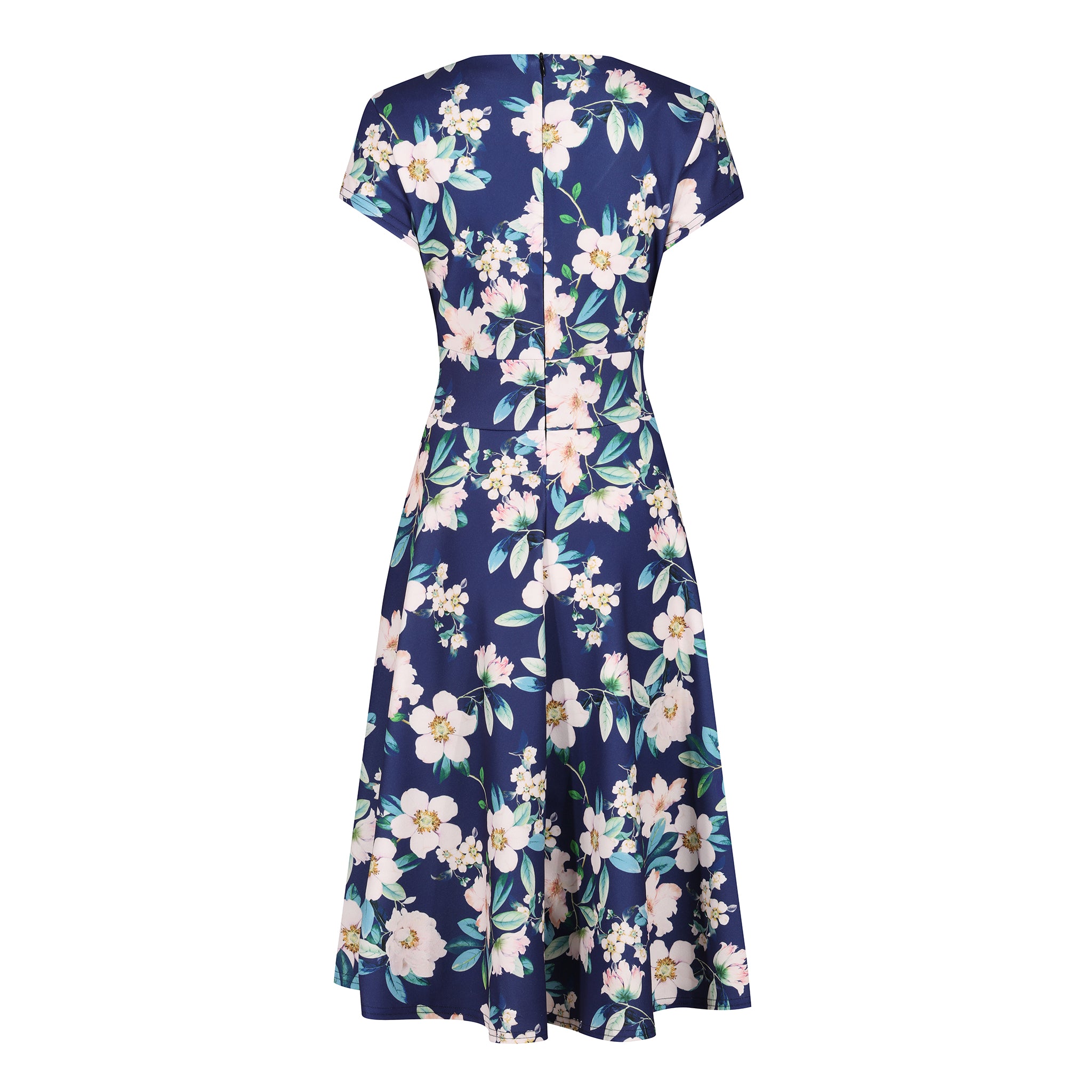 Navy Floral Vintage A Line Crossover Capped Sleeve Tea Swing Dress