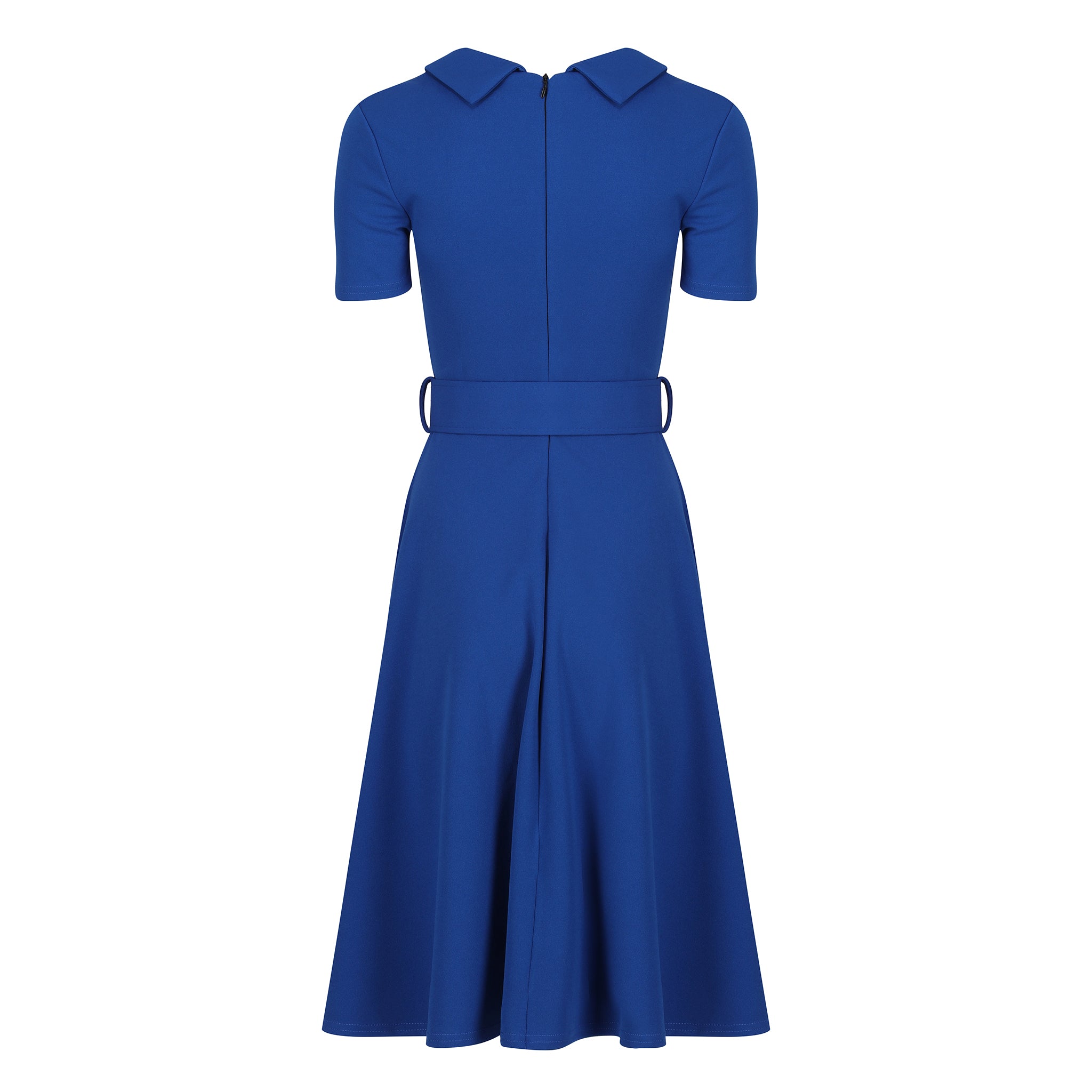 Royal Blue Belted Midi Swing Dress With Collared V Neck
